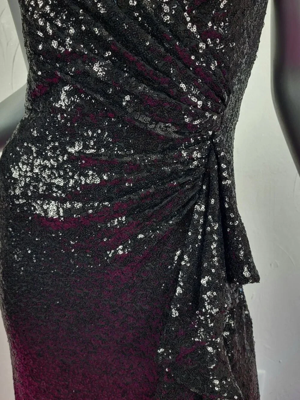 NWT~$595~TADASHI SHOJI~M~BLACK SEQUIN SLIT RUFFLE RUCHED PROM EVENING MAXI DRESS